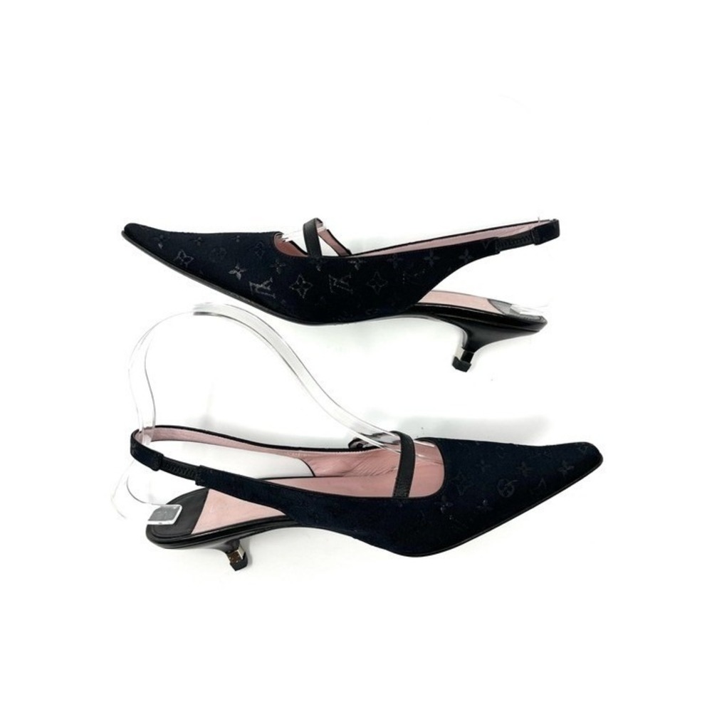 Vintage Louis Vuitton 90s Y2K Black Logo Monogram Slingback Kitten Heels 37.5 - Picture 6 of 12